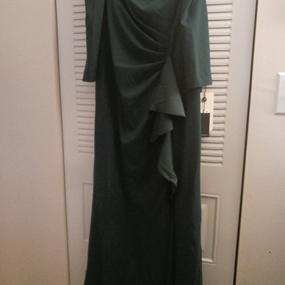 Adrienne Papell Dusty Emerald off the shoulder gown